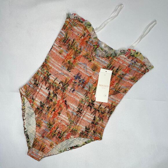 Rococo Sand Size Small Ruffle Smocked Floral Bodysuit Straps Orange‎ Sunset - Picture 12 of 12